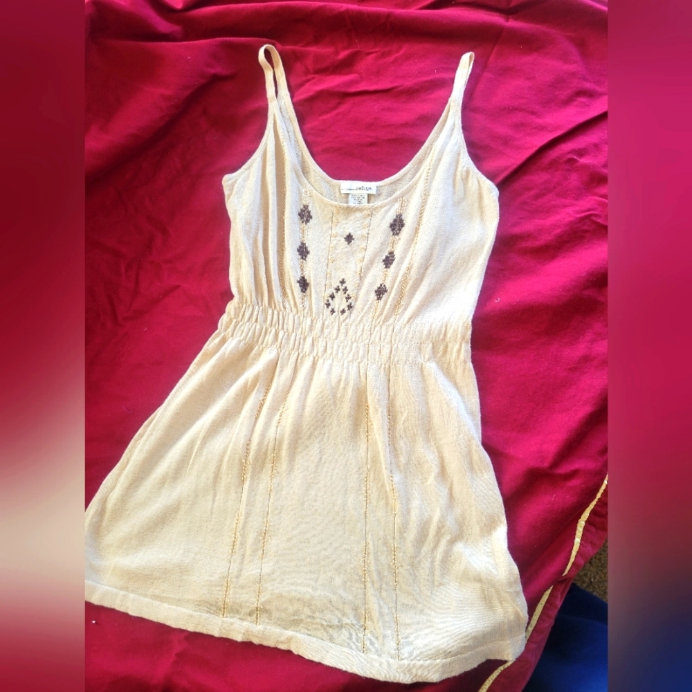 Refuge - Tan Sweater Tank Top Embellished with beads gathered waist size L